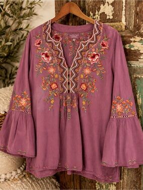 Johnny Was Workshop Embroidered Floral Boho Tunic Top Small Bell Sleeve